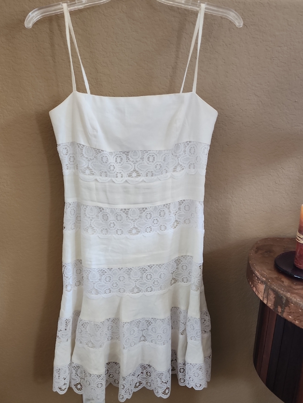 Maggy London White Lace Stripe Spaghetti Strap Mini Dress